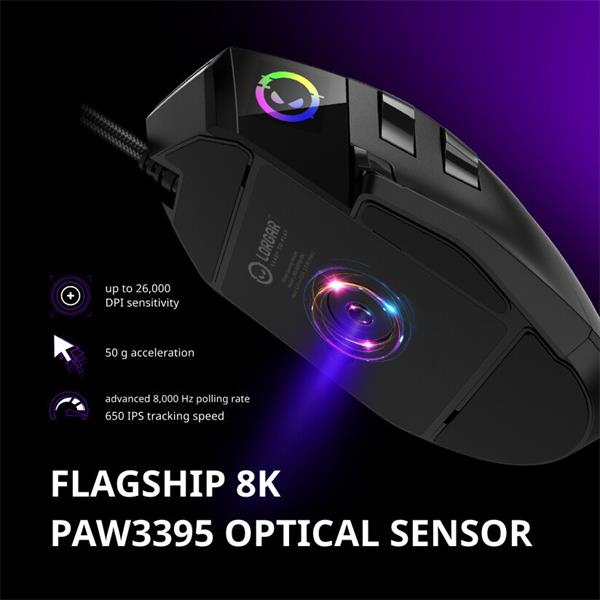 Lorgar MSP80, profi herná myš, 8 progr. tlač., senzor Pixart PAW3395, 26.000 DPI, režim podsv. RGB, čierna 
