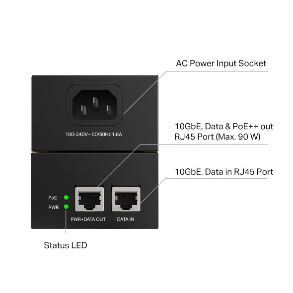 Omada 10G PoE++ Injector Adapter PORT: 1× 10Gbps PoE Port, 1× 10Gbps Non-PoE Port SPEC: 802.3bt/at/af Compliant, 90 W Po 