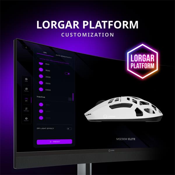 Lorgar MSE90W, elitná bezdrôtová herná myš zo zliatiny horčíka, 3 režimy prip, 26.000 dpi, 6 prog. tlač, aku, šedá 