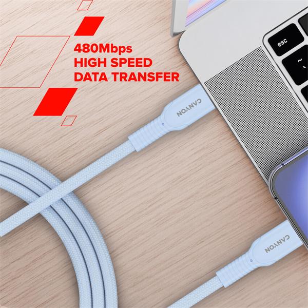 Canyon OnWire CCAP60CL, 1 m, kábel nab. a synchr., USB-C / USB-C, 60W PD, 480Mbps, opletený, biely 