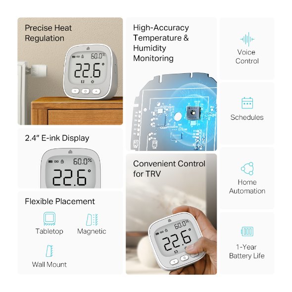 Kasa Smart Room Thermostat SPEC: 1 x Thermostat, 868 MHz, battery powered(2*AAA), 2.4 inch E-ink display, 5-30? temperat 