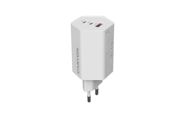 Canyon Hexagon 65, vysokorýchlostná univerzálna nabíjačka do steny, 65W, 2x USB-C + 1x USB-A, biela 