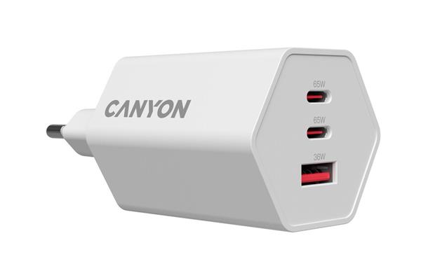 Canyon Hexagon 65, vysokorýchlostná univerzálna nabíjačka do steny, 65W, 2x USB-C + 1x USB-A, biela 