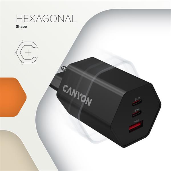 Canyon Hexagon 65, vysokorýchlostná univerzálna nabíjačka do steny, 65W, 2x USB-C + 1x USB-A, biela 