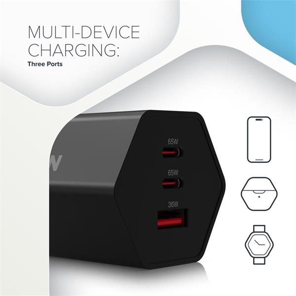 Canyon Hexagon 65, vysokorýchlostná univerzálna nabíjačka do steny, 65W, 2x USB-C + 1x USB-A, biela 