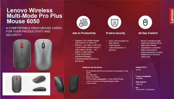 Lenovo Wireless Multi-Mode Pro Plus Mouse 6050 - Eclipse Black - mys 
