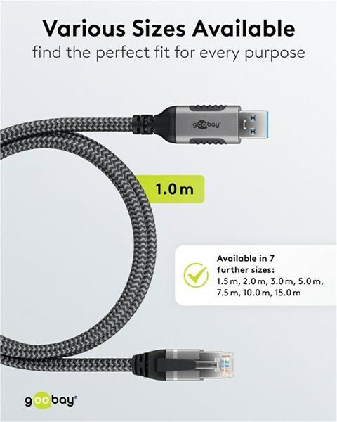 Kábel USB A 3.0 na RJ45 (Gigabit Ethernet), 1,5m, čierny/sivý 