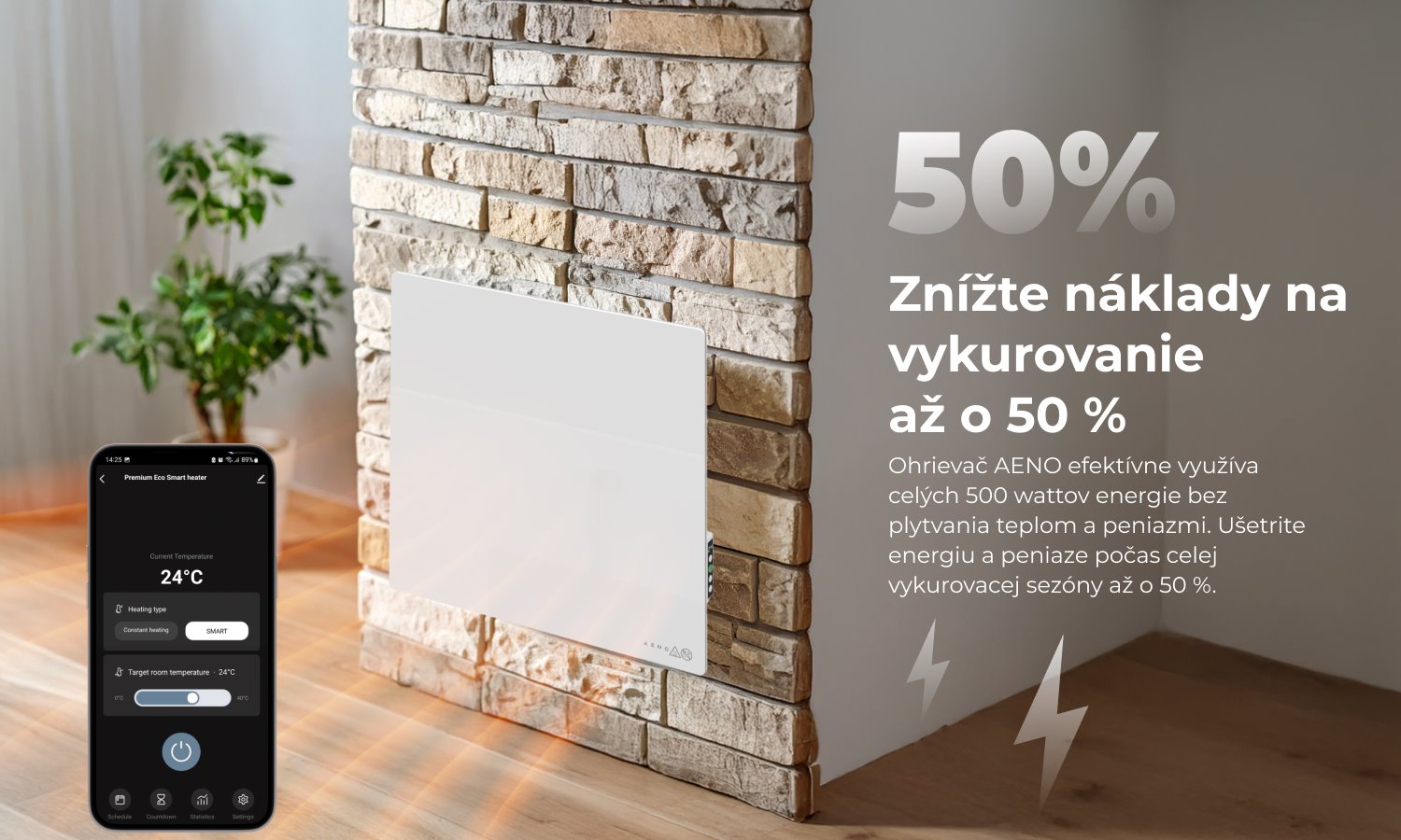 AENO AGH11S Premium QUADRO Smart Ohrievač, Biely, LED, WI-FI, max 500W, 50x50cm,  Infra 