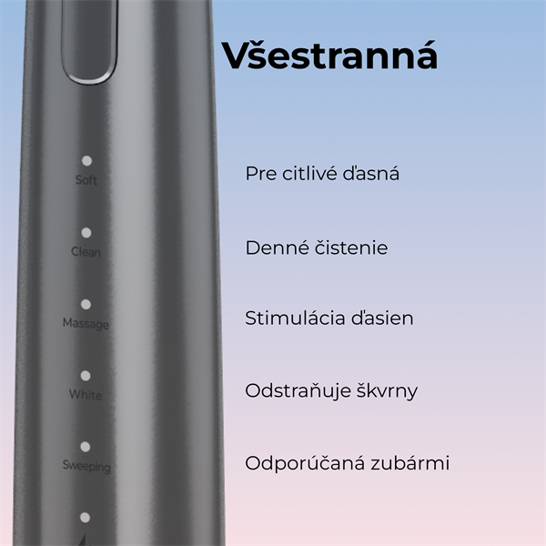 AENO sonická zubná kefka DB10G, farba šedá, 5 módov, 3 náhradné hlavice, batéria 1400 mAh, 48600 ot/min, 90 dní bez nab. 