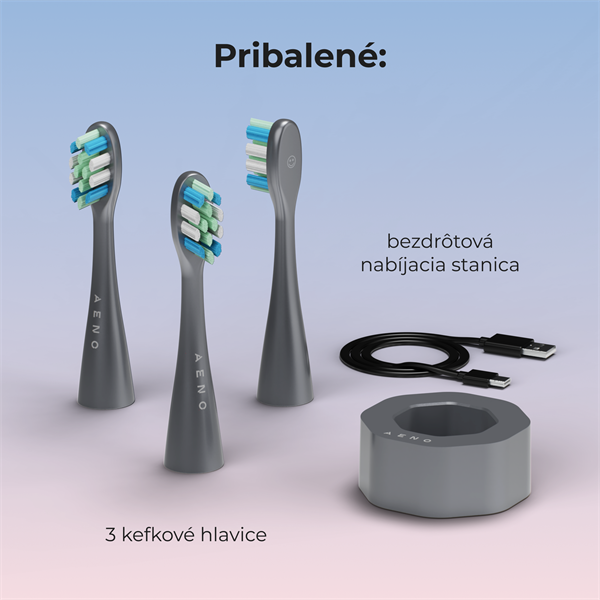 AENO sonická zubná kefka DB10G, farba šedá, 5 módov, 3 náhradné hlavice, batéria 1400 mAh, 48600 ot/min, 90 dní bez nab. 