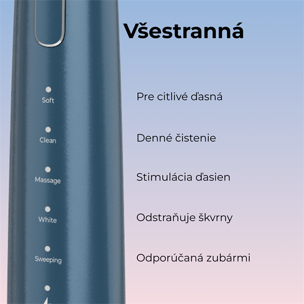 AENO sonická zubná kefka DB10N, tmavomodrá, 5 módov, 3 náhradné hlavice, batéria 1400 mAh, 48600 ot/min, 90 dní bez nab. 