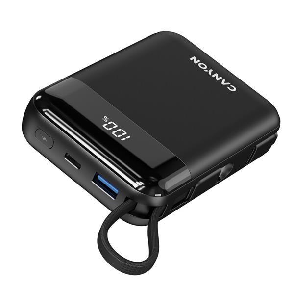 Canyon OnPower 104, powerbanka 10 000 mAh, 22.5 W, USB-C / USB-A, integrované káble USB-C + Lightning, čierna 