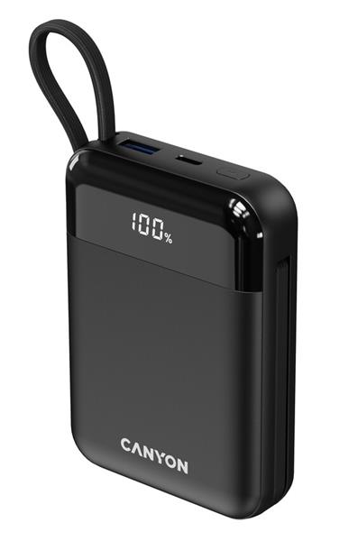 Canyon OnPower 104, powerbanka 10 000 mAh, 22.5 W, USB-C / USB-A, integrované káble USB-C + Lightning, čierna 