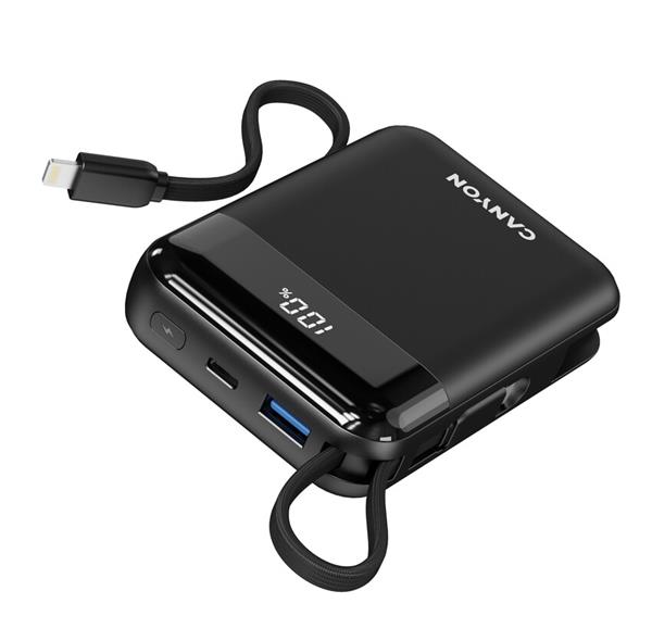 Canyon OnPower 104, powerbanka 10 000 mAh, 22.5 W, USB-C / USB-A, integrované káble USB-C + Lightning, čierna 