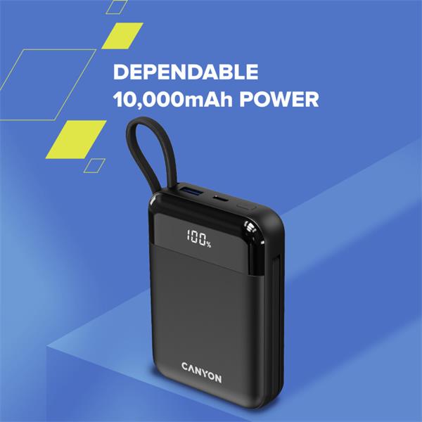 Canyon OnPower 104, powerbanka 10 000 mAh, 22.5 W, USB-C / USB-A, integrované káble USB-C + Lightning, čierna 