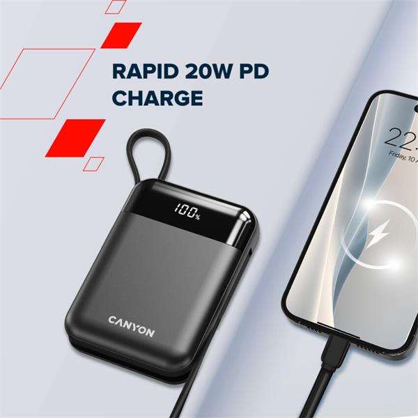 Canyon OnPower 104, powerbanka 10 000 mAh, 22.5 W, USB-C / USB-A, integrované káble USB-C + Lightning, čierna 
