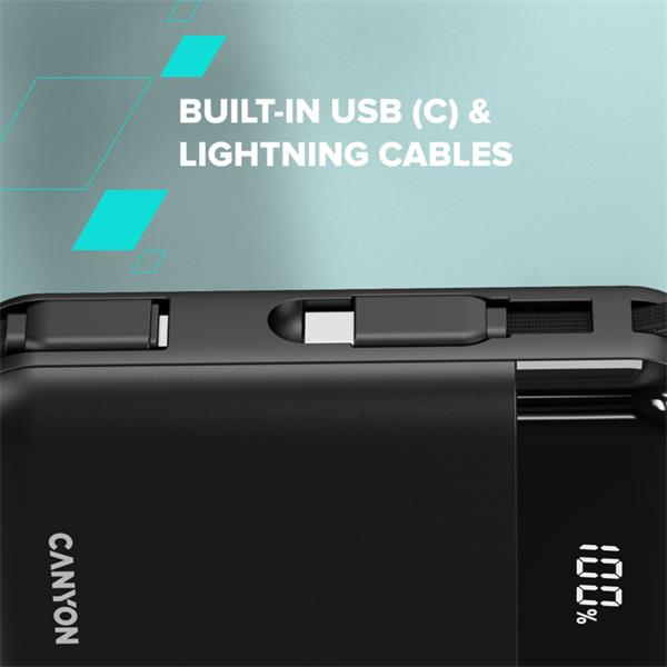 Canyon OnPower 104, powerbanka 10 000 mAh, 22.5 W, USB-C / USB-A, integrované káble USB-C + Lightning, čierna 
