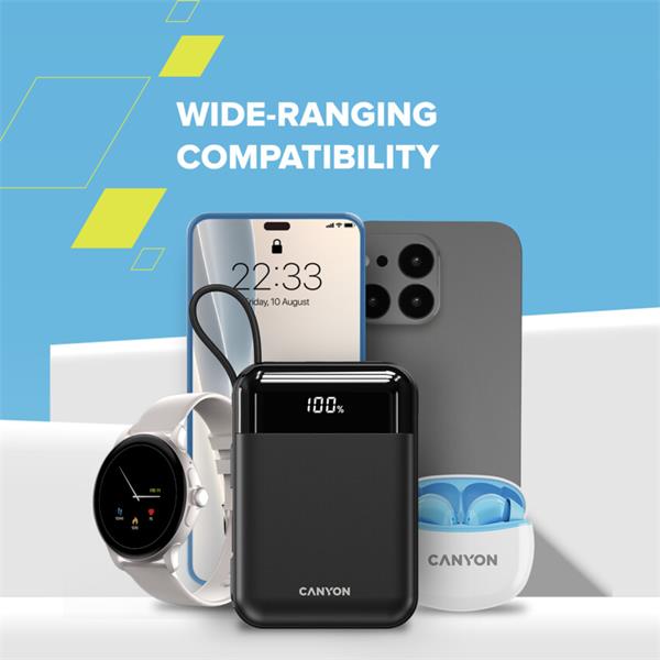 Canyon OnPower 104, powerbanka 10 000 mAh, 22.5 W, USB-C / USB-A, integrované káble USB-C + Lightning, čierna 