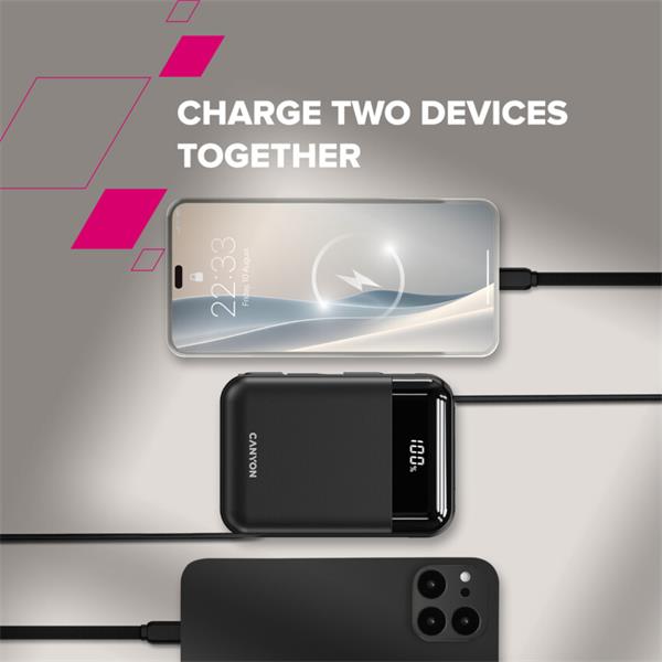 Canyon OnPower 104, powerbanka 10 000 mAh, 22.5 W, USB-C / USB-A, integrované káble USB-C + Lightning, čierna 