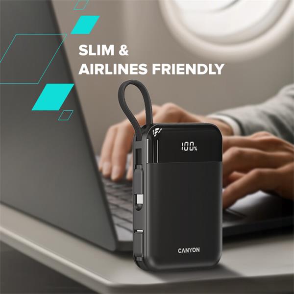 Canyon OnPower 104, powerbanka 10 000 mAh, 22.5 W, USB-C / USB-A, integrované káble USB-C + Lightning, čierna 