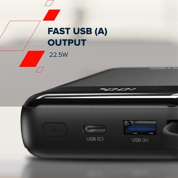 Canyon OnPower 104, powerbanka 10 000 mAh, 22.5 W, USB-C / USB-A, integrované káble USB-C + Lightning, čierna 