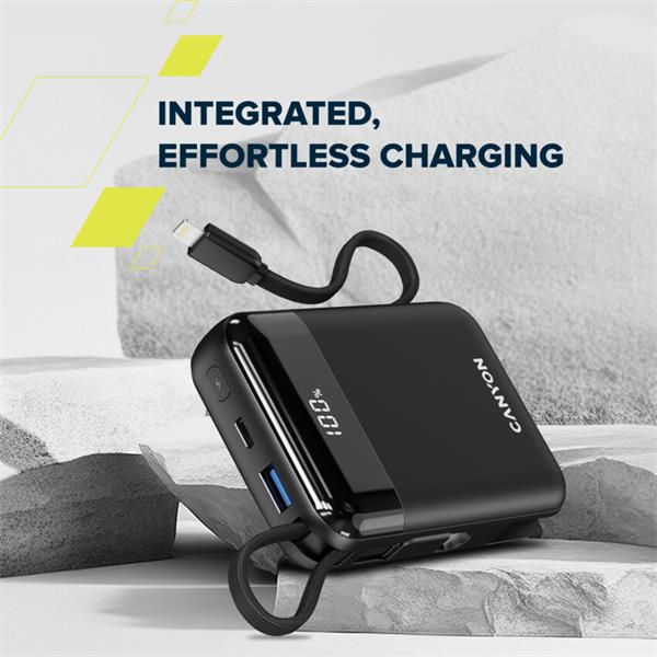 Canyon OnPower 104, powerbanka 10 000 mAh, 22.5 W, USB-C / USB-A, integrované káble USB-C + Lightning, čierna 