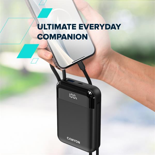 Canyon OnPower 104, powerbanka 10 000 mAh, 22.5 W, USB-C / USB-A, integrované káble USB-C + Lightning, čierna 