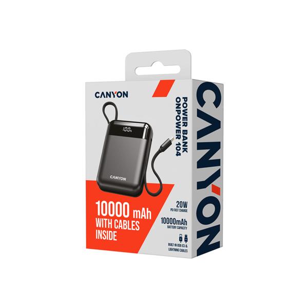 Canyon OnPower 104, powerbanka 10 000 mAh, 22.5 W, USB-C / USB-A, integrované káble USB-C + Lightning, čierna 