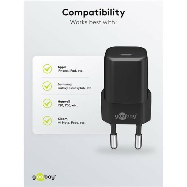 Goobay Nabíjačka USB 230V 1port, 1xUSB Typ C, 30W, Power Delivery, Fast Charge, Nano, čierna 