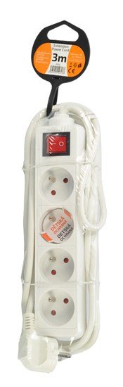 Solight predlžovací prívod, 4 zásuvky, biely, vypínač, 3m 
