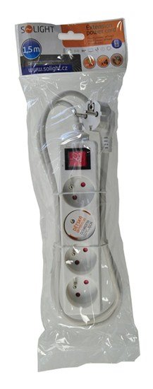 Solight predlžovací prívod, 4 zásuvky, biely, vypínač, 1,5m 