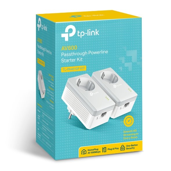 AV600 Passthrough Powerline Starter Kit KIT: 2× TL-PA4010P SPEED: 600 Mbps Powerline SPEC: Qualcomm CPU, 1× 10/100 Mbps  