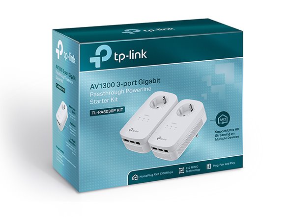 AV1300 Gigabit Passthrough Powerline Starter Kit KIT: 2× TL-PA8030P SPEED: 1300 Mbps Powerline SPEC: Qualcomm CPU, 3× Gi 