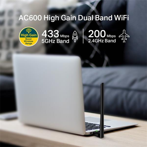 AC600 High Gain Dual Band Wi-Fi USB Adapter SPEED: 433 Mbps at 5 GHz + 200 Mbps at 2.4 GHz SPEC: 1× High Gian External A 
