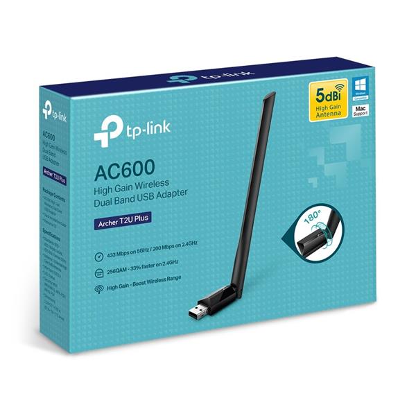 AC600 High Gain Dual Band Wi-Fi USB Adapter SPEED: 433 Mbps at 5 GHz + 200 Mbps at 2.4 GHz SPEC: 1× High Gian External A 