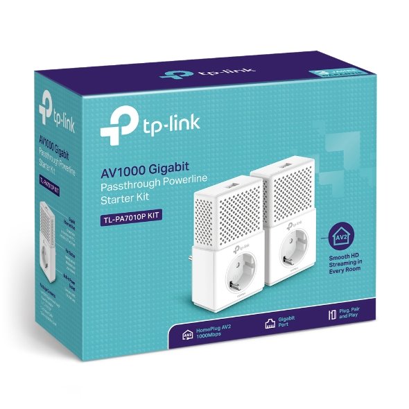 AV1000 Gigabit Passthrough Powerline Starter Kit KIT: 2× TL-PA7017P SPEED: 1000 Mbps Powerline SPEC: Broadcom CPU, 1× Gi 