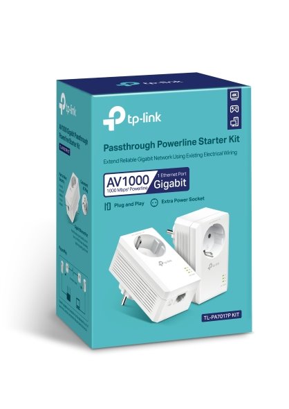 AV1000 Gigabit Passthrough Powerline Starter Kit KIT: 2× TL-PA7017P SPEED: 1000 Mbps Powerline SPEC: Broadcom CPU, 1× Gi 