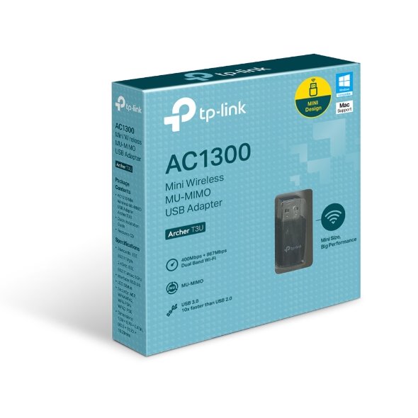 AC1300 Mini Dual Band Wi-Fi USB Adapter SPEED: 867 Mbps at 5 GHz + 400 Mbps at 2.4 GHz SPEC: USB 3.0 FEATURE: MU-MIMO 