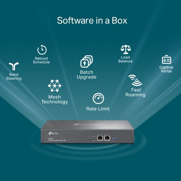 Omada Hardware Controller PORT: 2× 10/100/1000 Mbps Ethernet Ports, 1× USB 3.0 Port  FEATURE: Cloud Access, Centralized  