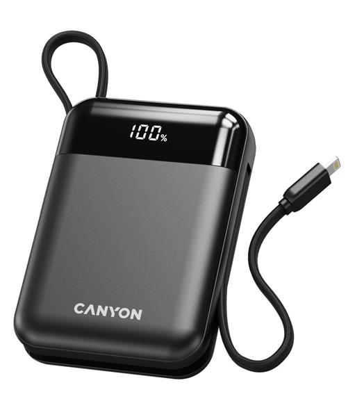 Canyon OnPower 104, powerbanka 10 000 mAh, 22.5 W, USB-C / USB-A, integrované káble USB-C + Lightning, čierna