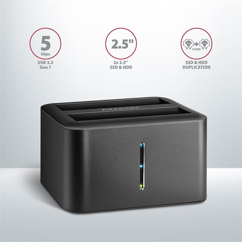 AXAGON ADSA-D25, USB 3.2 Gen 1 - 2x SATA 6G 2,5" SSD/HDD CLONE MINI dokovacia stanica 