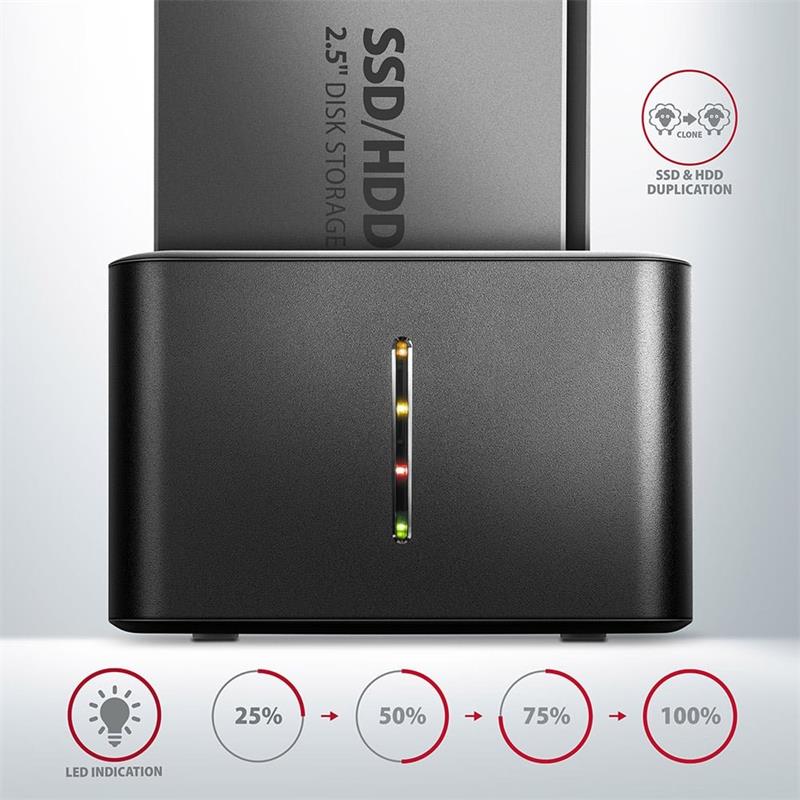 AXAGON ADSA-D25, USB 3.2 Gen 1 - 2x SATA 6G 2,5" SSD/HDD CLONE MINI dokovacia stanica 