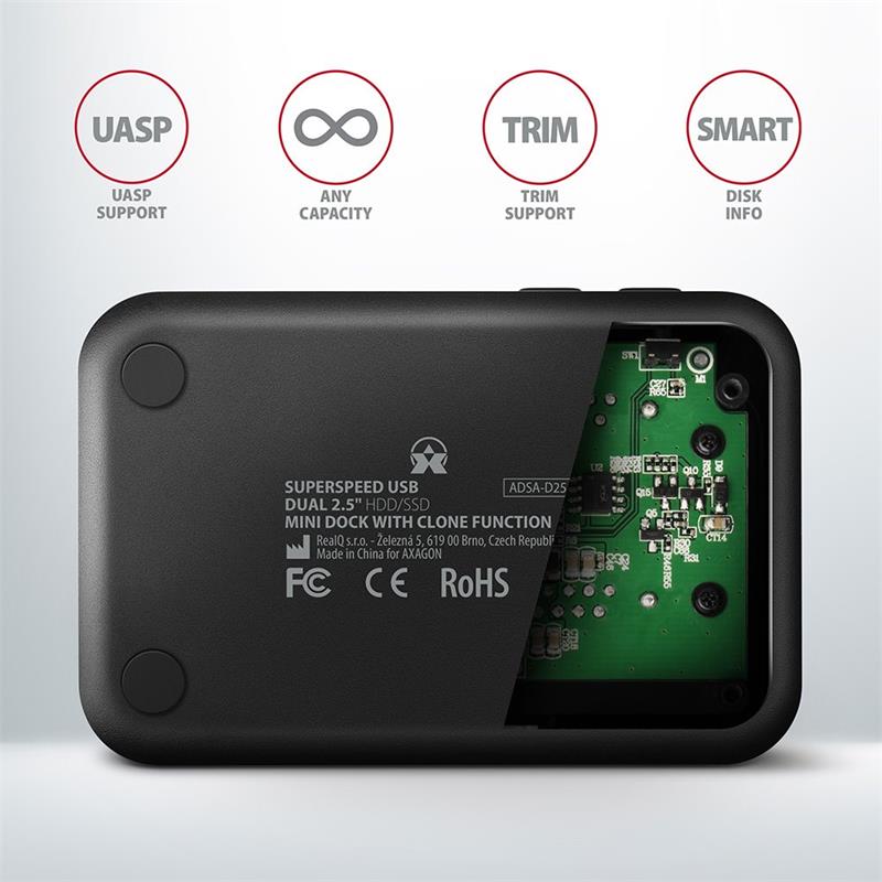 AXAGON ADSA-D25, USB 3.2 Gen 1 - 2x SATA 6G 2,5" SSD/HDD CLONE MINI dokovacia stanica 