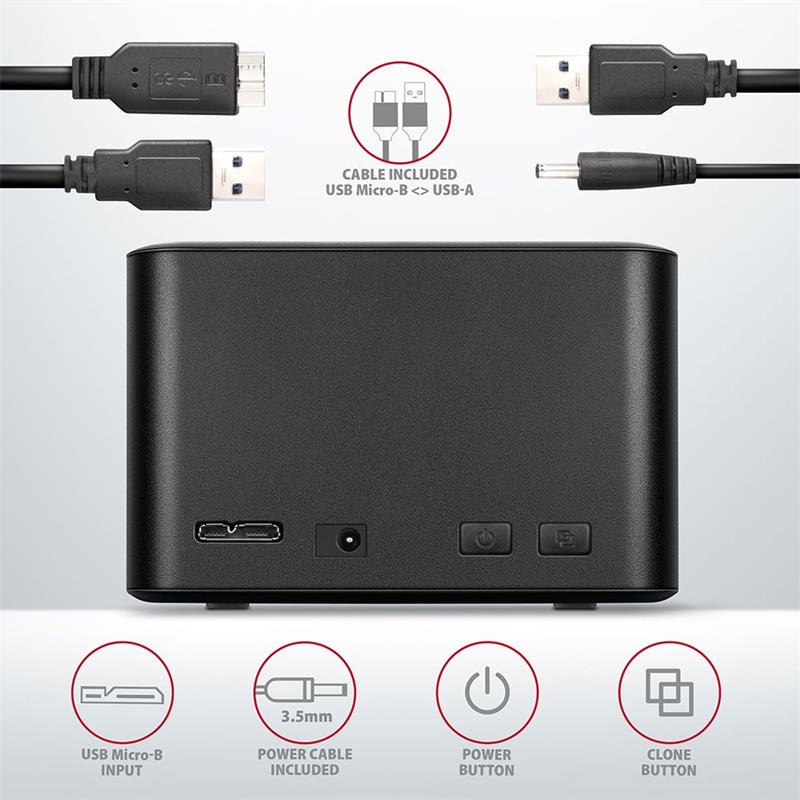 AXAGON ADSA-D25, USB 3.2 Gen 1 - 2x SATA 6G 2,5" SSD/HDD CLONE MINI dokovacia stanica 