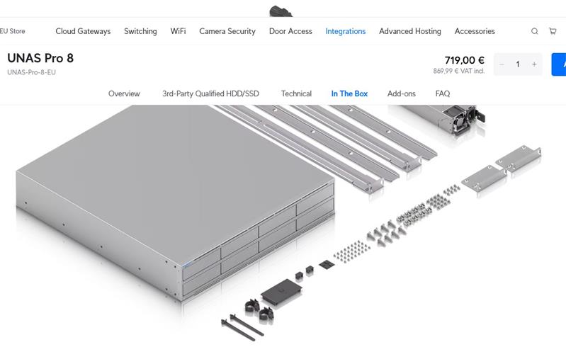 Ubiquiti UniFi UNAS-PRO-8  NAS server, 8x 3,5/2,5" disk HDD/SSD,2x NVMe SSD RAID, 10GbE, 2x SFP+ 