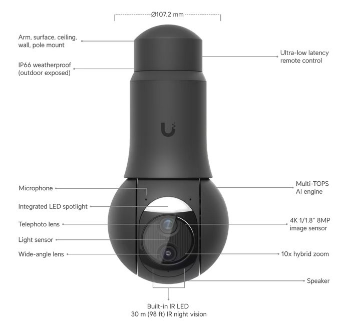 Ubiquiti UniFi Video Camera G6 PTZ  (8MP, 3864*2160/30sn; 10x hybrid zoom) čierna 