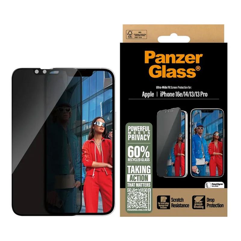 PanzerGlass ochranné sklo UWF Privacy pre iPhone 16e/14/13/13 Pro - Black Frame 
