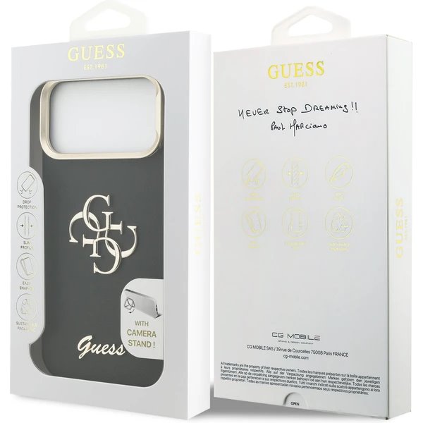 Guess PU Grained 4G Logo Stand Camera Frame kryt iPhone 17 Pro Max čierny 