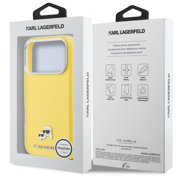 Karl Lagerfeld PU Karl and Choupette Heads Pins MagSafe kryt iPhone 17 Pro Max žltý 