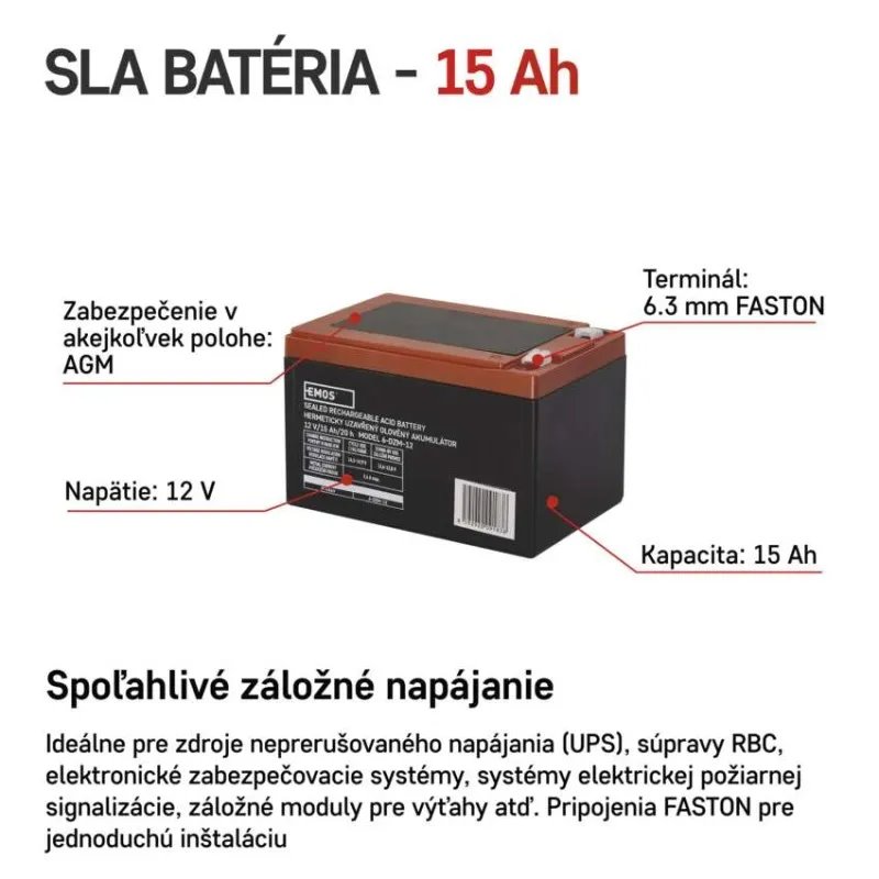 EMOS Bezúdržbový olovený akumulátor 12 V/12 Ah, faston 6,3 mm 